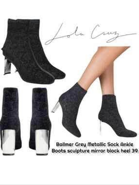 LOLA CRUZ Ballmer Sock Boots sculpture mirror heeled booties sparkly Metallic 9